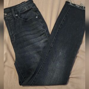 Good American "Good Waist" 27 dark distressed straight leg hem cut Jean